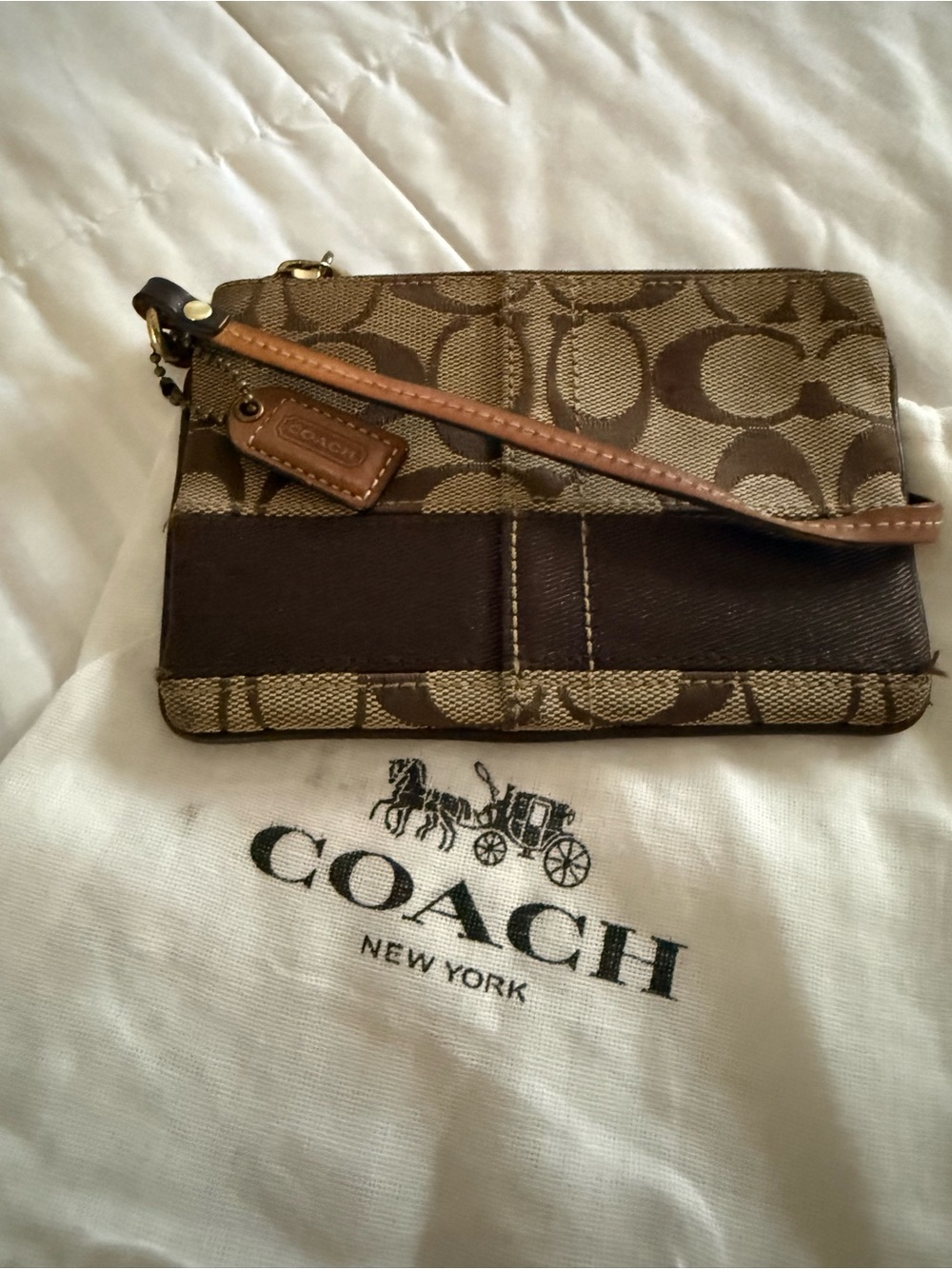 Coach Brown and Khaki Signature Canvas Wristlet EUC with Dustbag
